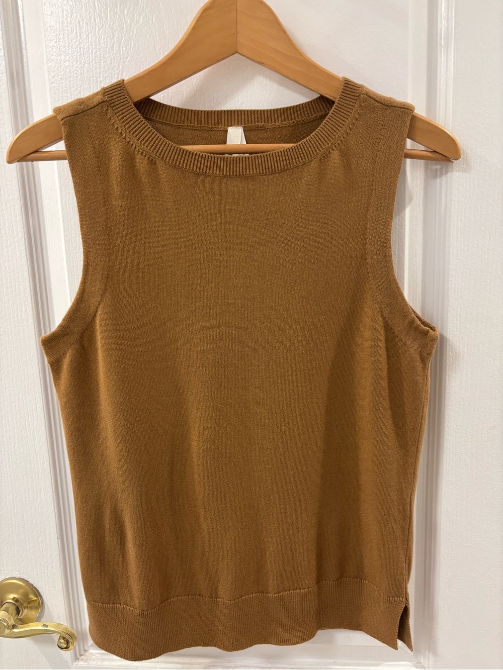 Pact Organic Cotton Sleeveless Crewneck Sweater in Camel Brown Minimalist Basics